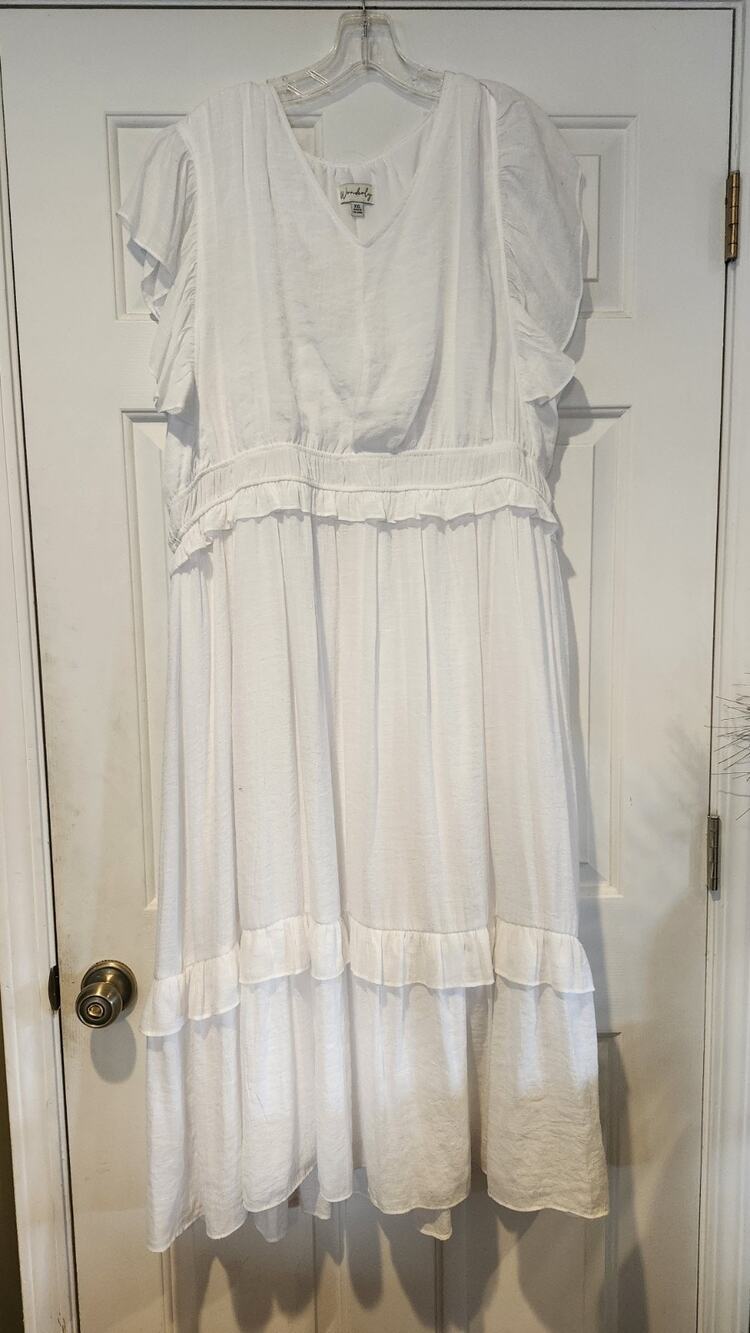 Wonderly White Tiered Ruffle Midi Dress V-Neck Flutter Sleeve Size XXL Plus #204